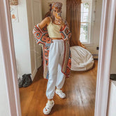 Vintage Hooded Long Sleeve Multicolored Crochet Granny Square Cardigan